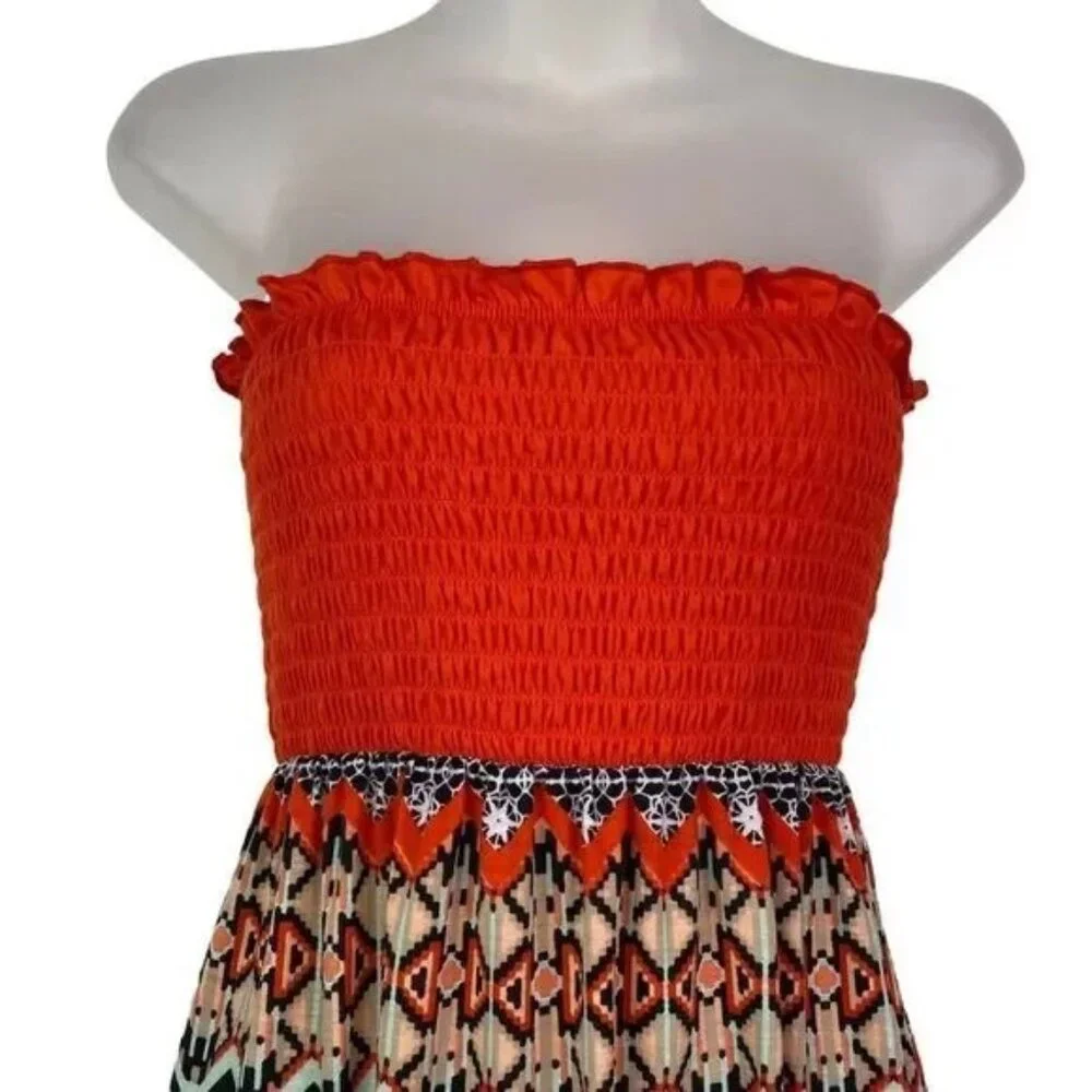 B&B BOUTIQUE WOMEN'S STRAPLESS ELASTIC TOP FLOWY AZTEC PRINT‎ DRESS MEDIUM-EUC